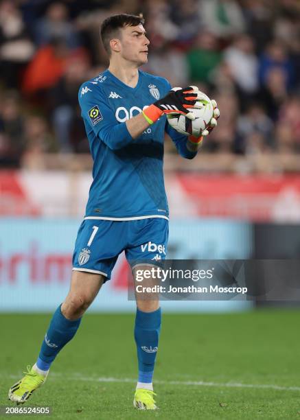 Radoslaw Majecki of AS Monaco reacts during the Ligue 1 Uber Eats match between AS Monaco and Paris Saint-Germain at Stade Louis II on March 01, 2024...