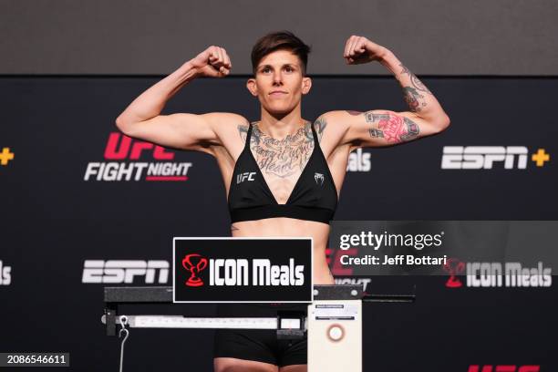 Macy Chiasson poses on the scale during the UFC Fight Night weigh-in at UFC APEX on March 15, 2024 in Las Vegas, Nevada.