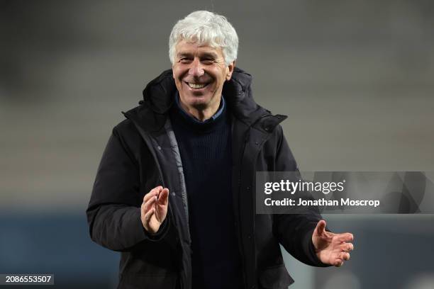 Gian Piero Gasperini Head coach of Atalanta celebrates following the final whistle of the UEFA Europa League 2023/24 round of 16 second leg match...