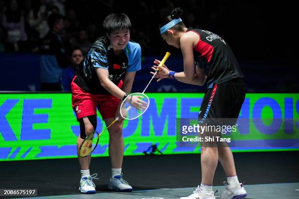 Tai Tzu Ying of Chinese Taipei greets He Bingjiao of China after their Women's Singles Quarter Finals match during day four of the Yonex All England...