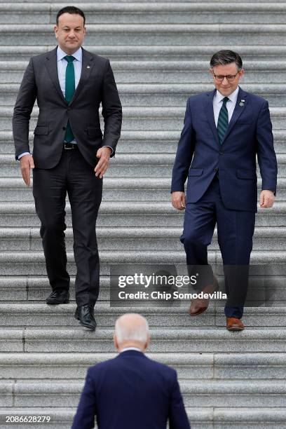 Irish Taoiseach Leo Varadkar and Speaker of the House Mike Johnson walk down the East steps of the House of Representatives to meet U.S. President...