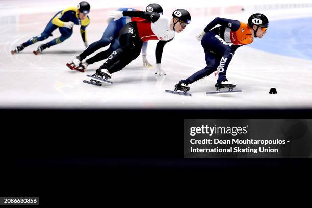 Friso Emons of Netherlands, Ward Petre of Belgium and Peter Murphy of Luxemborg compete in the Men 1000m Preliminaries race during ISU World Short...