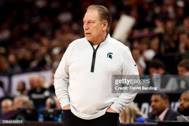 Head coach Tom Izzo of the Michigan State Spartans looks on against the Purdue Boilermakers in the first half at Target Center in the Quarterfinals...