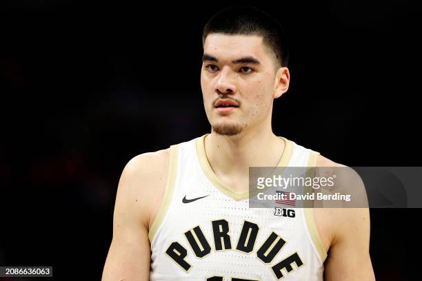 Zach Edey of the Purdue Boilermakers looks on against the Michigan State Spartans in the first half at Target Center in the Quarterfinals of the Big...