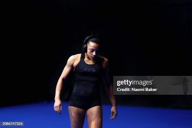 Rebecca Downie warms up ahead of a training session during Day Two of the 2024 Gymnastics British Championships at M&S Bank Arena on March 15, 2024...