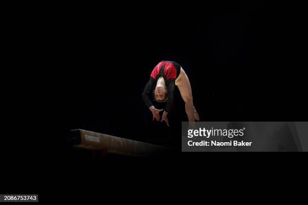 Esme Griffiths of Robin Hood Gymnastics performs her routine on the Beam during the Women's Artistic Junior during Day Two of the 2024 Gymnastics...