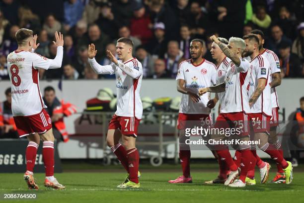 Christos Tzolis of Düsseldorf celebrates the first goal with his team mates during the Second Bundesliga match between VfL Osnabrück and Fortuna...