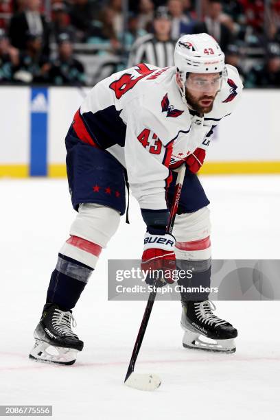 Tom Wilson of the Washington Capitals looks on during the first period against the Seattle Kraken at Climate Pledge Arena on March 14, 2024 in...