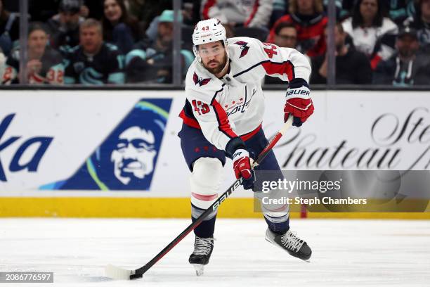 Tom Wilson of the Washington Capitals skates against the Seattle Kraken during the first period at Climate Pledge Arena on March 14, 2024 in Seattle,...