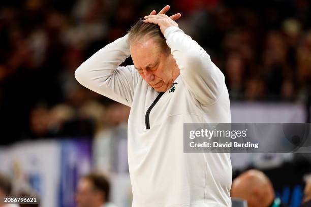 Head coach Tom Izzo of the Michigan State Spartans reacts against the Purdue Boilermakers in the second half at Target Center in the Quarterfinals of...