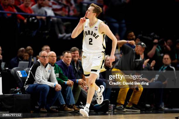 Fletcher Loyer of the Purdue Boilermakers celebrates his three-point basket against the Michigan State Spartans in the second half at Target Center...