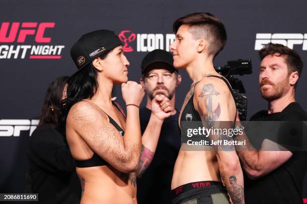 Pannie Kianzad of Iran and Macy Chiasson face off during the UFC Fight Night weigh-in at UFC APEX on March 15, 2024 in Las Vegas, Nevada.