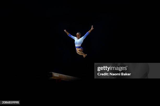 Shelaine Shaw of Heathrow Gym performs on the Beam during the Women's Artistic Junior during Day Two of the 2024 Gymnastics British Championships at...