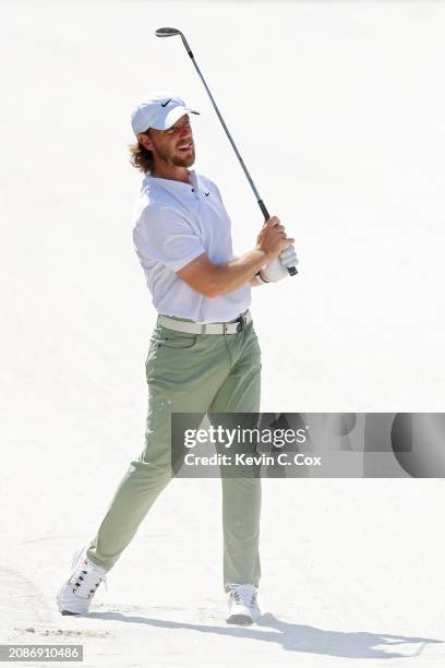 Tommy Fleetwood of England plays a shot from a bunker on the seventh hole during the second round of THE PLAYERS Championship on the Stadium Course...