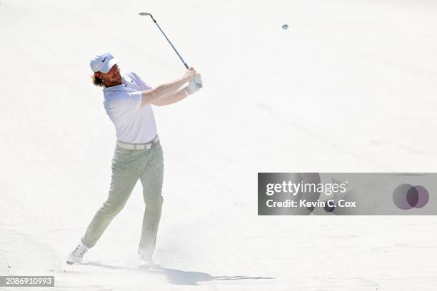 Tommy Fleetwood of England plays a shot from a bunker on the seventh hole during the second round of THE PLAYERS Championship on the Stadium Course...