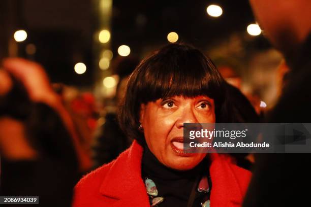 Diane Abbott, MP for Hackney North and Stoke Newington talks to the media during the 'Stand With Abbott Rally' on March 15, 2024 in London, England....