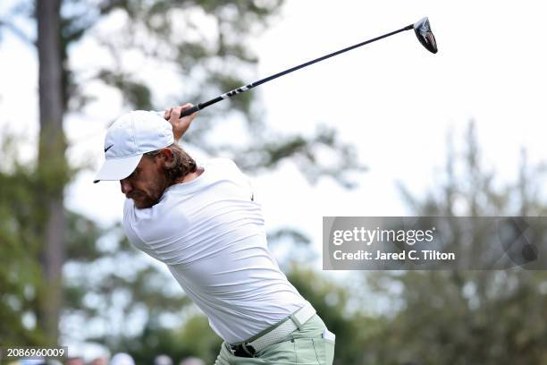 Tommy Fleetwood of England plays his shot from the sixth tee during the second round of THE PLAYERS Championship on the Stadium Course at TPC...