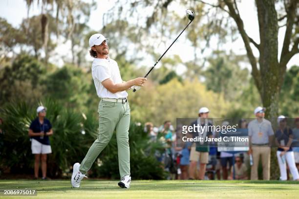 Tommy Fleetwood of England plays his shot from the ninth tee during the second round of THE PLAYERS Championship on the Stadium Course at TPC...
