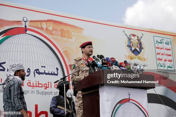 Yemen's Houthi military spokesperson preaches a statement during a protest staged in solidarity with Palestinians against Israel's ongoing war in the...