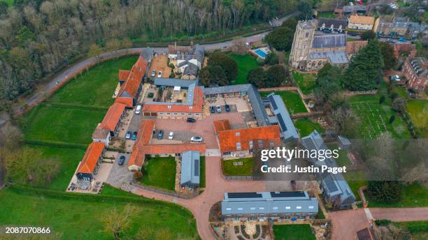 drone view of a newly built residential district in cambridge, uk - cambridge uk aerial stock pictures, royalty-free photos & images