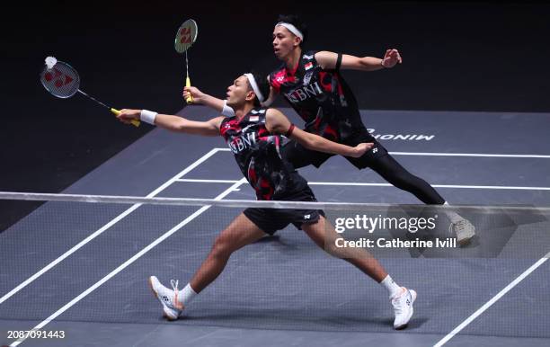 Fajar Alfian and Muhammad Rian Ardianto of Indonesia during the Men's Doubles Quarter Final match against Lee Yang and Wang Chi-Lin of Tai of Chinese...