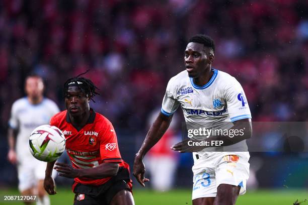 Ismaila SARR of Marseille during the Ligue 1 Uber Eats match between Rennes and Marseille at Roazhon Park on March 17, 2024 in Rennes, France. -...
