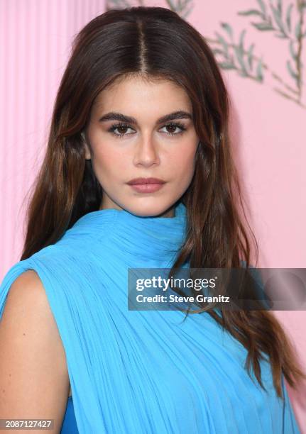 Kaia Gerber arrives at the World Premiere Of Apple TV+'s "Palm Royale" at Samuel Goldwyn Theater on March 14, 2024 in Beverly Hills, California.