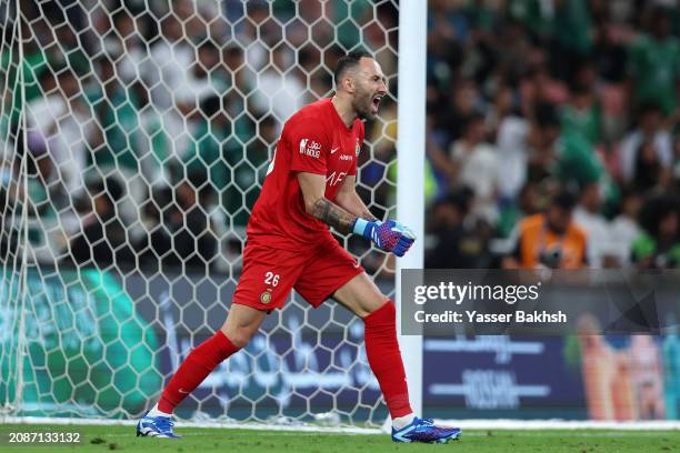David Ospina of Al Nassr celebrates victory following the Saudi Pro League match between Al-Ahli SFC and Al-Nassr at King Abdullah Sports City on...