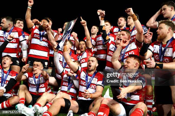 Gloucester players celebrate after winning the final of the Premiership Rugby Cup between Gloucester Rugby and Leicester Tigers at Kingsholm Stadium...