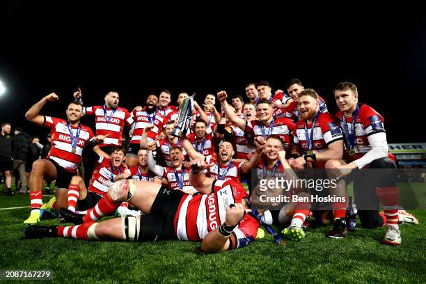 Gloucester players celebrate after winning the final of the Premiership Rugby Cup between Gloucester Rugby and Leicester Tigers at Kingsholm Stadium...