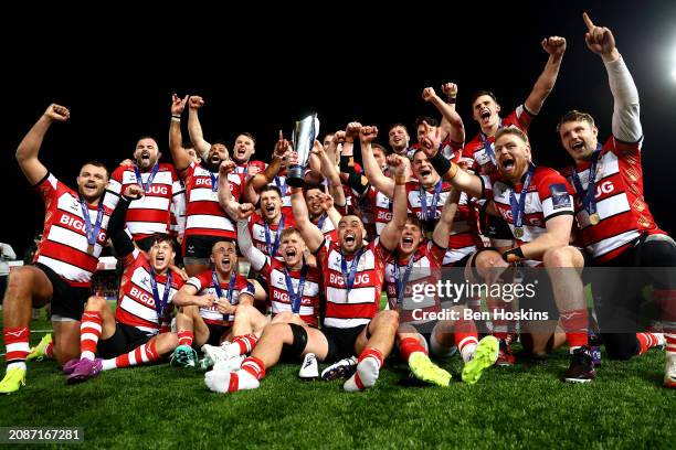 Gloucester players celebrate after winning the final of the Premiership Rugby Cup between Gloucester Rugby and Leicester Tigers at Kingsholm Stadium...