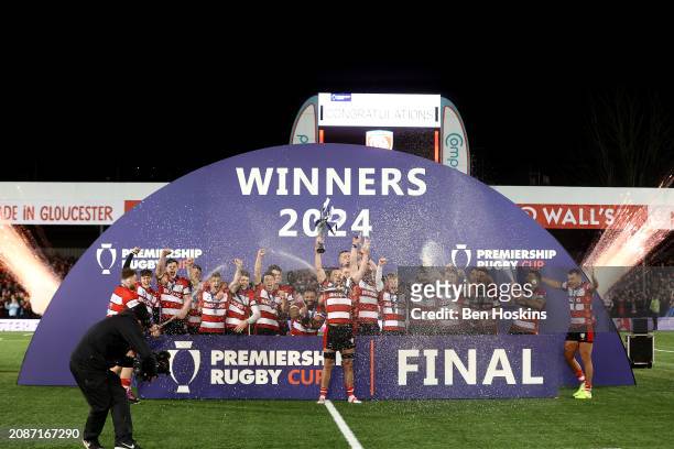 Gloucester players celebrate after winning the final of the Premiership Rugby Cup between Gloucester Rugby and Leicester Tigers at Kingsholm Stadium...