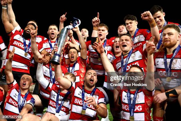 Gloucester players celebrate after winning the final of the Premiership Rugby Cup between Gloucester Rugby and Leicester Tigers at Kingsholm Stadium...