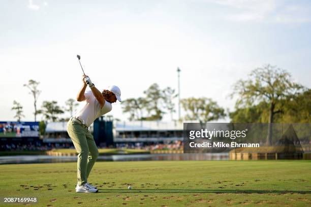 Tommy Fleetwood of England plays his shot from the 17th tee during the second round of THE PLAYERS Championship on the Stadium Course at TPC Sawgrass...