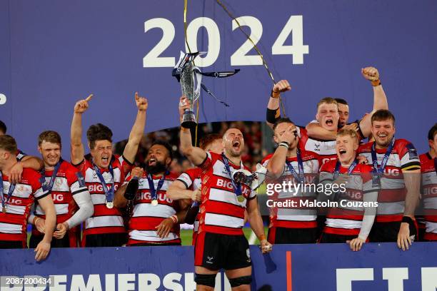 Lewis Ludlow of Gloucester Rugby lifts the trophy during the Premiership Rugby Cup Final between Gloucester Rugby and Leicester Tigers at Kingsholm...