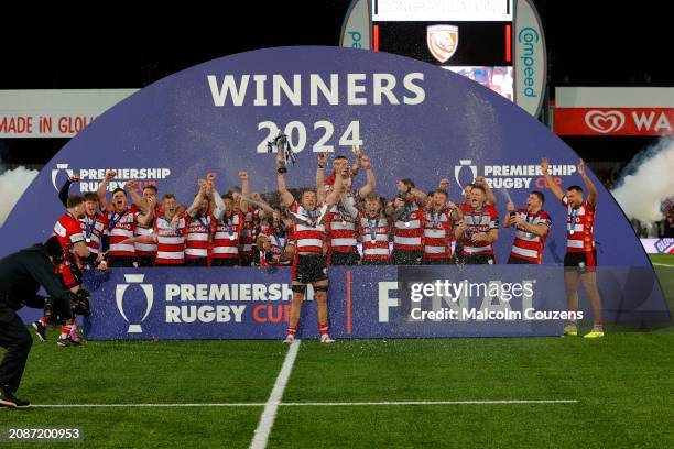 Lewis Ludlow of Gloucester Rugby lifts the trophy during the Premiership Rugby Cup Final between Gloucester Rugby and Leicester Tigers at Kingsholm...