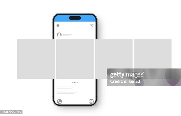 bildbanksillustrationer, clip art samt tecknat material och ikoner med smartphone with carousel interface post on social network. social media design concept. transparent background. vector illustration. - facebook
