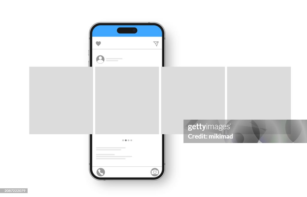 Smartphone with carousel interface post on social network. Social media design concept. Transparent background. Vector illustration.