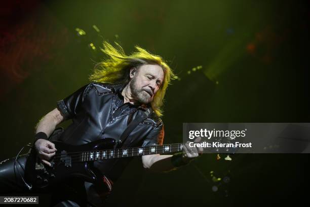 Ian Hill of Judas Priest performs at The 3Arena Dublin on March 15, 2024 in Dublin, Ireland.