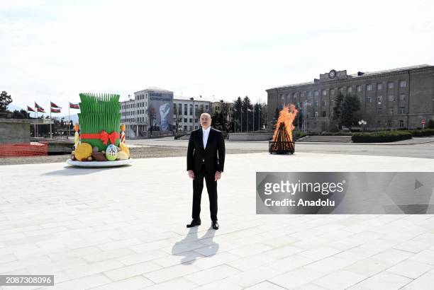 Azerbaijani President Ilham Aliyev addresses the nation after lighting the nawruz fire in Khankendi, Azerbaijan on March 18, 2024.