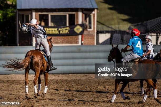 French player Charlotte Laguerre, of Team Simone , seen in action during the Open Horseball Argentina, held at the Regimiento de Granaderos a...