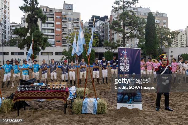 Moments before the awards ceremony of the final of the Open Horseball Argentina, held at the Regimiento de Granaderos a Caballo General San Martín....
