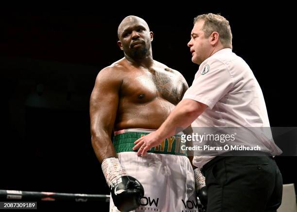 Mayo , Ireland - 17 March 2024; Dillian Whyte reacts after his heavy weight bout against Christian Hammer was stopped by Hammer's corner, resulting...