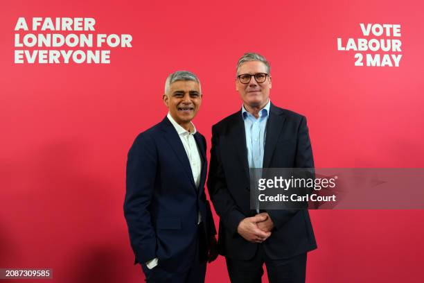 Mayor of London Sadiq Khan and Labour leader Sir Keir Starmer pose for photographs during the launch of Khan's mayoral re-election campaign on March...