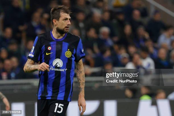 Francesco Acerbi of Inter is looking on during the Serie A soccer match between Inter FC and SSC Napoli at Stadio Meazza in Milan, Italy, on February...