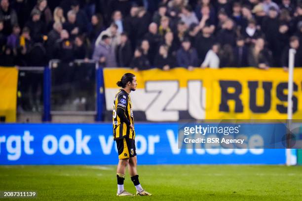 Anis Hadj-Moussa of Vitesse looks dejected after the Dutch Eredivisie match between Vitesse and Almere City FC at the GelreDome on March 16, 2024 in...