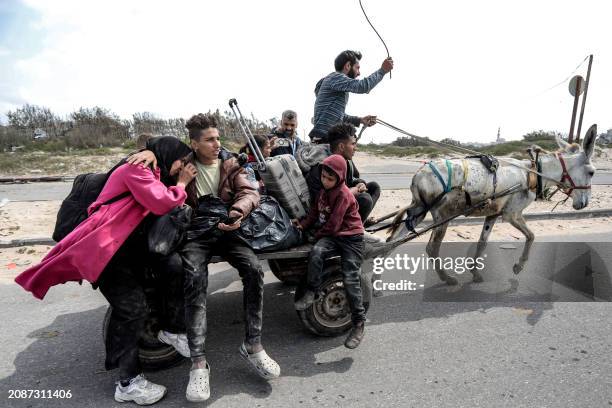 Displaced Palestinians fleeing from the area in the vicinity of Gaza City's al-Shifa hospital ride on a donkey-drawn cart as they arrive at the...