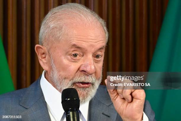 Brazilian President Luiz Inacio Lula da Silva speaks during a ministerial meeting at the Planalto Palace in Brasilia on March 18, 2024. Concerned...