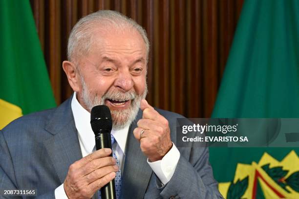 Brazilian President Luiz Inacio Lula da Silva speaks during a ministerial meeting at the Planalto Palace in Brasilia on March 18, 2024. Concerned...