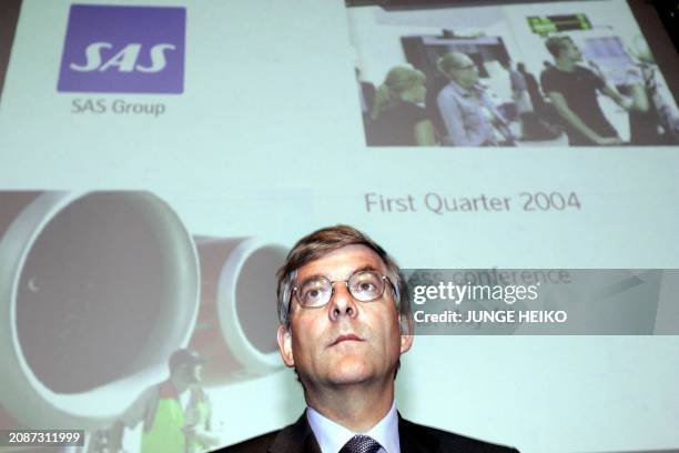 Chief executive of Scandinavian Airlines Joergen Lindegaard speaks during a press conference, 04 May 2004 in Oslo. Lindegaard reported losses for the...
